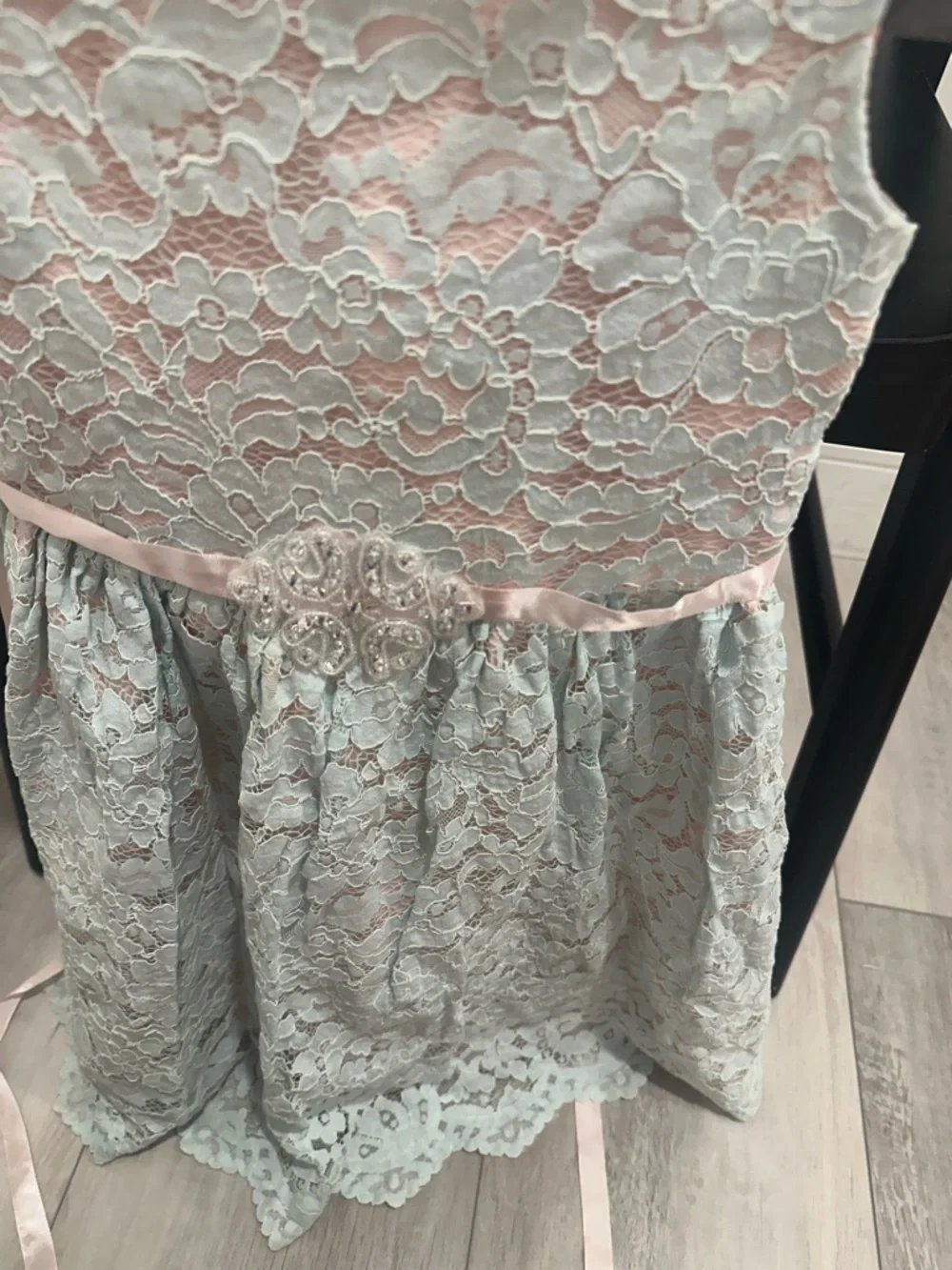 Rare Editions size 6 Pale Blue Lace Dress with Pink Underlay